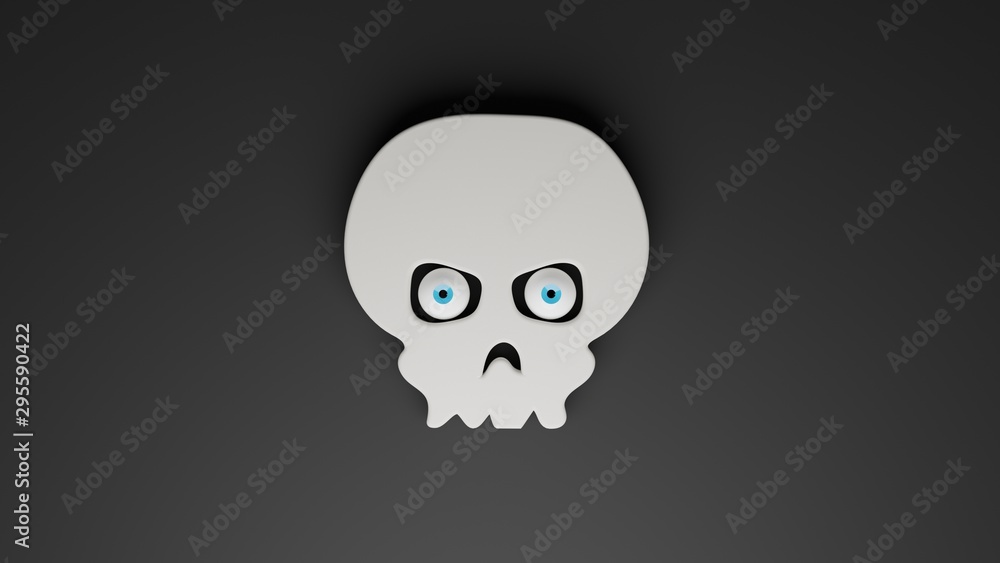 three dimensional computer generated illustration of white human skull with glancing eyeballs, 3D rendering