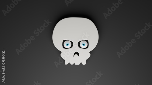 three dimensional computer generated illustration of white human skull with glancing eyeballs, 3D rendering