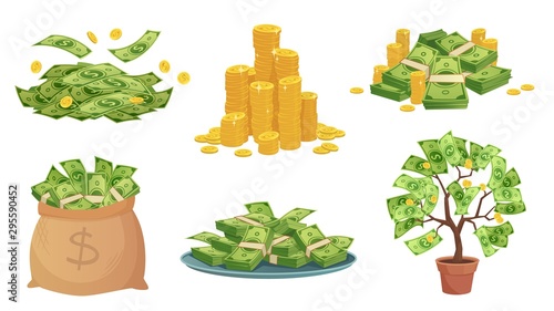 Cartoon cash. Green dollar banknotes pile, rich gold coins and pay. Cash bag, tray with stacks of bills and money tree. Wealth savings or investment isolated vector illustration icons set photo