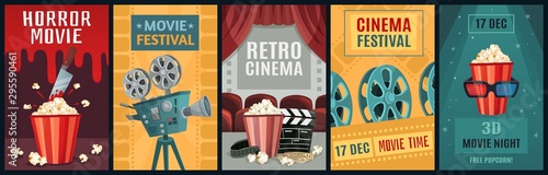 Movie poster. Horror film, cinema camera and retro movies night posters template. Old movie festival invitations cards, cinematography ticket or brochure vector illustration set