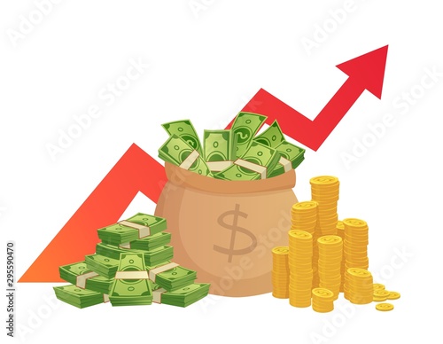 Cartoon savings value growth. Money profit increase, profitable investments chart with red graph arrow and cash pile. Banking profit stack, financial earning wealth vector illustration