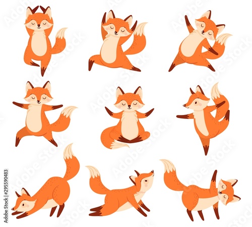 Cartoon fox in yoga poses. Healthy gymnastics, breathing exercises and sport animal mascot. Foxes fitness sport, animals gymnast character. Isolated vector illustration icons set