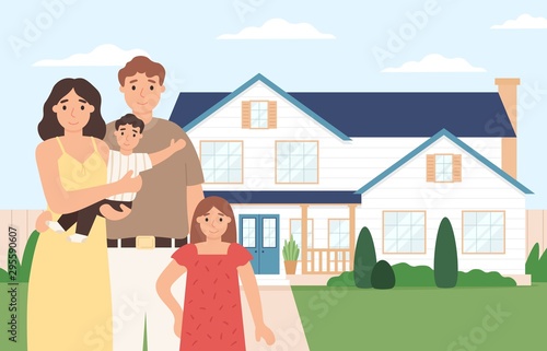 Happy family home. Young couple with kids in front of their house, real estate. Relaxing family outside together, mother and father, daughter and son togetherness portrait vector illustration