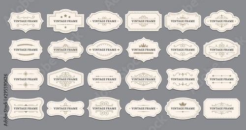Ornamental label frames. Old ornate labels, decorative vintage frame and retro badge. Royal wedding insignia, sale sticker or invitation card. Isolated vector symbols set photo