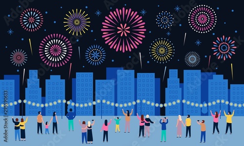Crowd watching fireworks. Dark night city with firework pyrotechnic show, people look in sky and celebrate holidays. Town firework festival, sky explode vector illustration