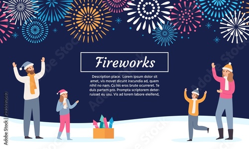 Family watching firework explosions. Couple with kids launching fireworks, celebrating holidays and new year flyer. 2020 christmas greeting card, xmas winter firework vector illustration