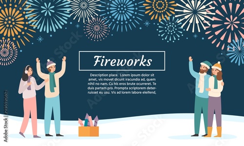 Friends launching fireworks. Group of people celebrating holidays and watching firework explosions. New 2020 year festive, xmas fireworks festival invitation vector illustration