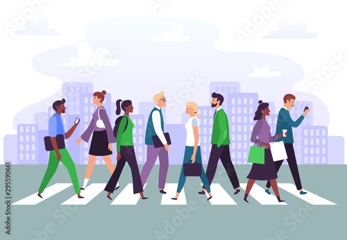 Business people cross road. Businessman crosses zebra crossing, walk to office and city roads crosswalk. Pedestrian crowd, businesswoman crosswalk or street walking vector illustration