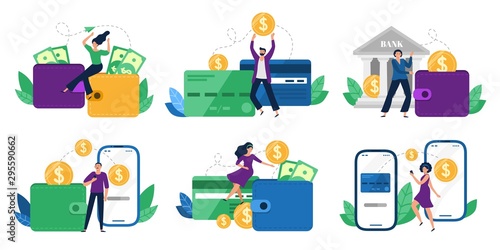 Money transfers. People sent money from wallet to bank card, mobile payments and financial transactions. Work transfer credit card process payment. Flat isolated vector illustration icons set photo