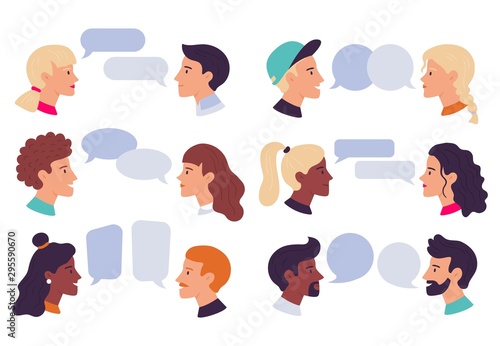 Speaking people. Couple conversation, dialogue bubbles and chat avatars profile portraits talk together. Social community, dictionary talking or speech chatting. Isolated vector illustration icons set photo