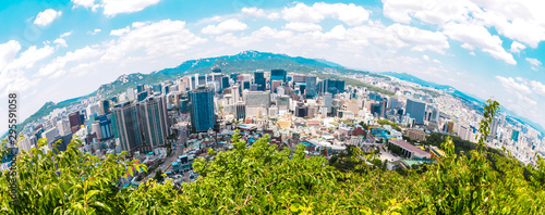 Fisheye view of Seoul from the Ansan Mountain in sunny day, South Korea
