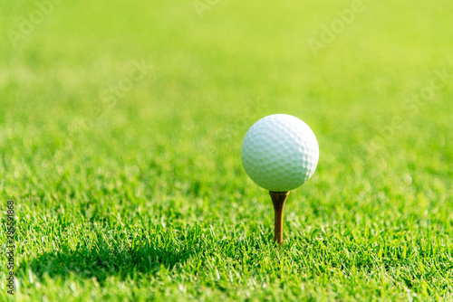 Close up Golf club hitting golf ball along fairway towards green with copy space, green nature background. Lifestyle and Healthy Concept. ...