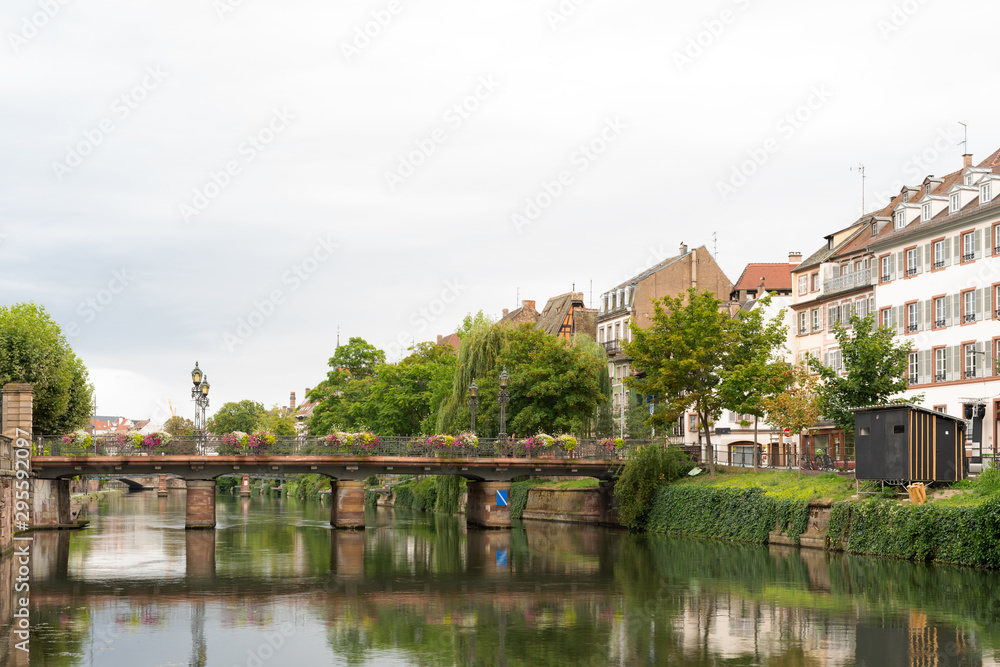 The docks of the Ill river crossing Strasbourg downtown.