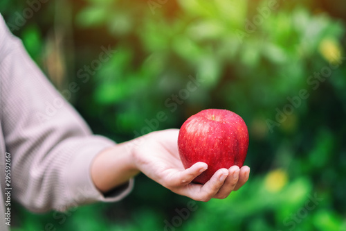 A woman holding a fresh red apple in hand