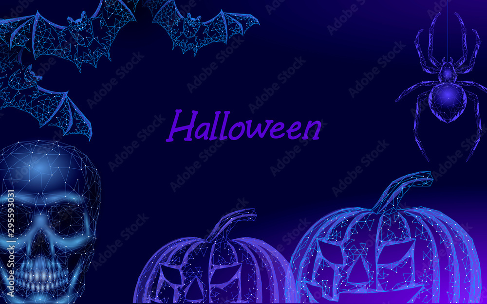 Halloween 3D pumpkin Jack bats skull and spider. Geek holiday party scary  flyer. Low poly geometric polygon triangle design. Halloween creepy spooky  card template vector illustration vector de Stock | Adobe Stock