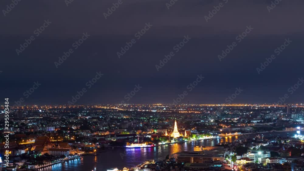 Time lapse view of Bangkok City at night and travel a boat trip on Chao Phraya River. High angle city background and Light Color in the capital Thailand Asia Time lapse view of Bangkok City at night and travel a boat trip on Chao Phraya River. High angle city background and Light Color in the capital Thailand Asia