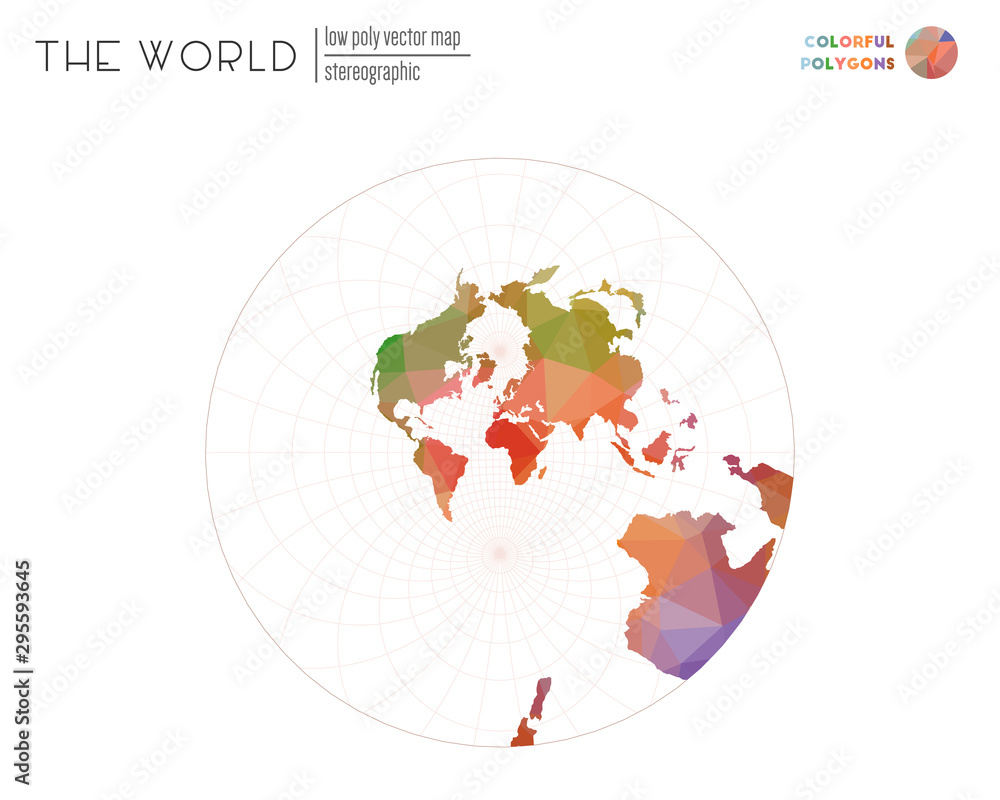 Naklejka premium Vector map of the world. Stereographic projection of the world. Colorful polygons. Elegant vector illustration.