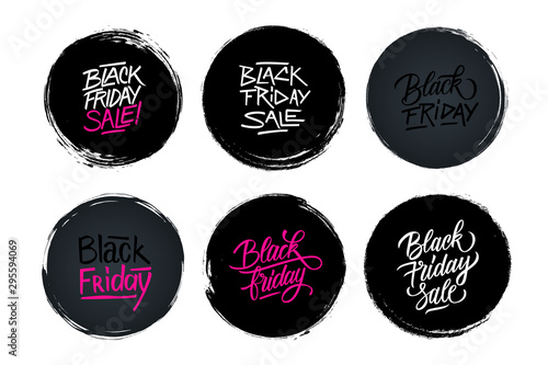 Black Friday Sale set with circle brush stroke backgrounds and hand drawn lettering for business, black friday shopping, sale promotion, commerce and advertising. Vector illustration.
