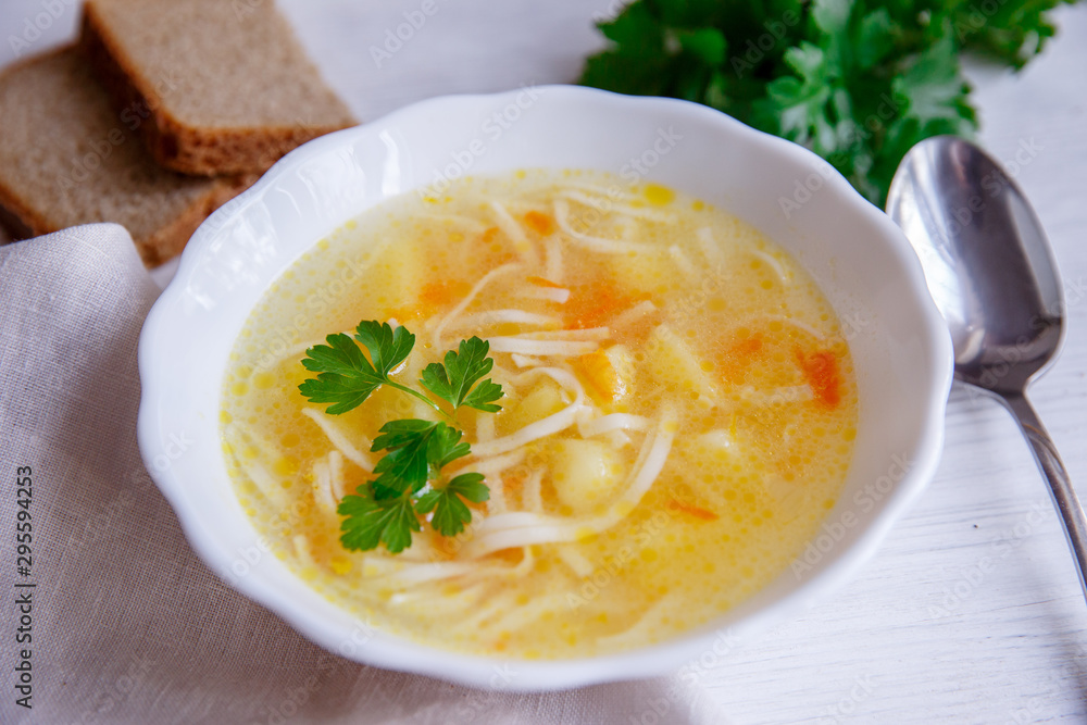 Chicken noodle soup on white background Chicken noodle soup on white background