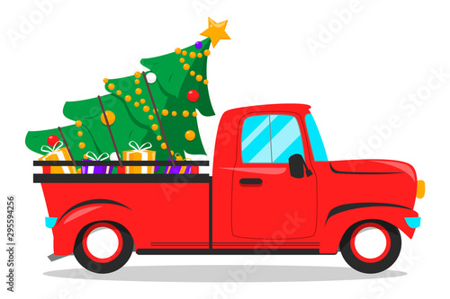 Red christmas truck and tree with gifts inside.