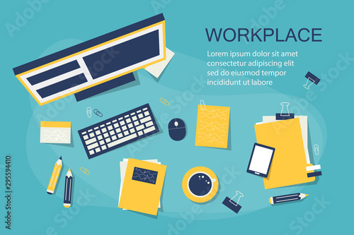 Workplace web banner. Office workspace and business