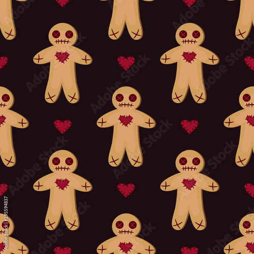 Vector seamless pattern with voodoo dolls on dark red background. Halloween background for greeting card, gift box, wallpaper, fabric, textile, package, web design.