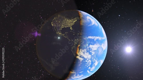Earth space zoom to Brazil, night to day timelapse