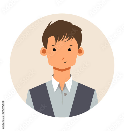 Male hipster cartoon character icon. Flat style young men avatar. Colorful vector illustration of isolated guy with smiling face