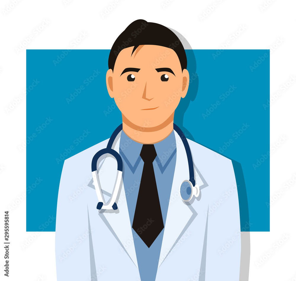 Smiling doctor wearing a stethoscope. Flat design doctor character. Vector illustration