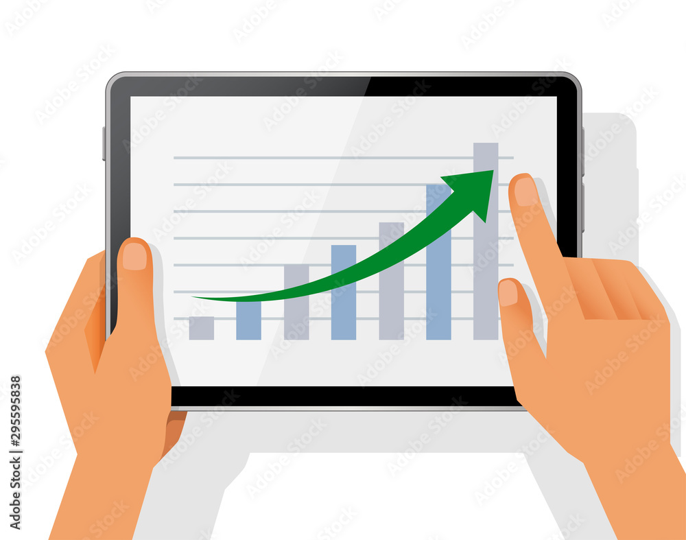 Hand holding tablet with statistical data presented on screen. Financial analysis business concept growth and the path to success, Flat design vector illustration Hand holding tablet with statistical data presented on screen. Financial analysis business concept growth and the path to success, Flat design vector illustration