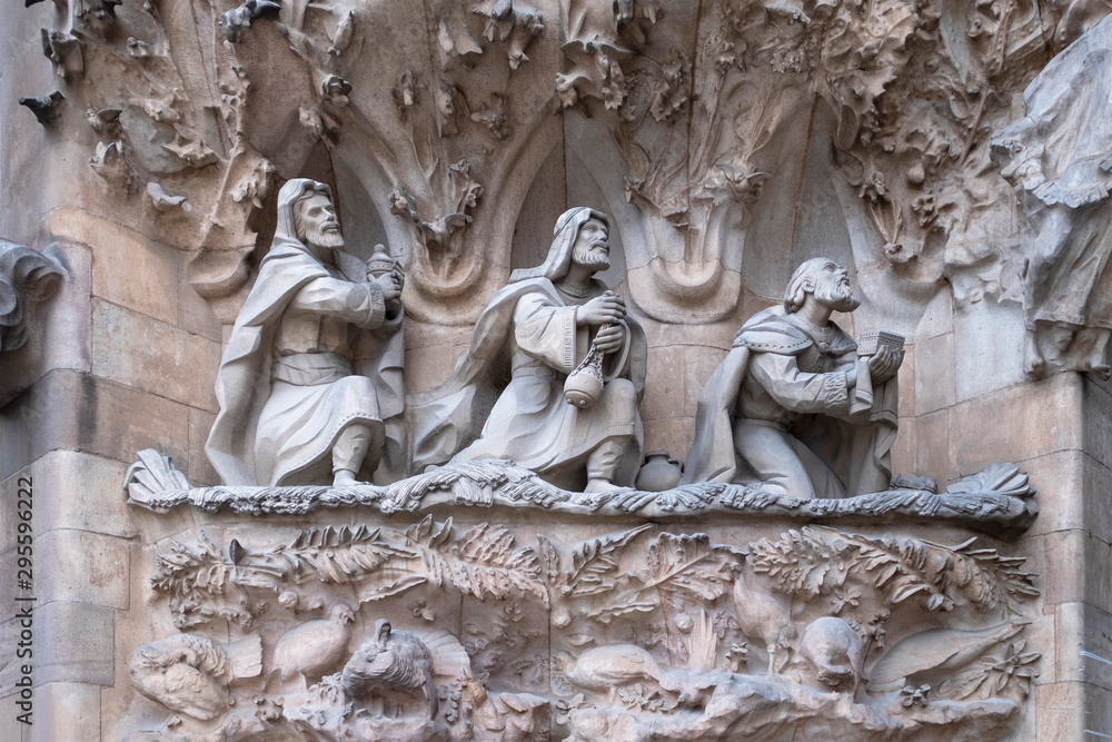 Barcelona, the sculptures of the facade of La Sagrada Familia Cathedral in catalonia