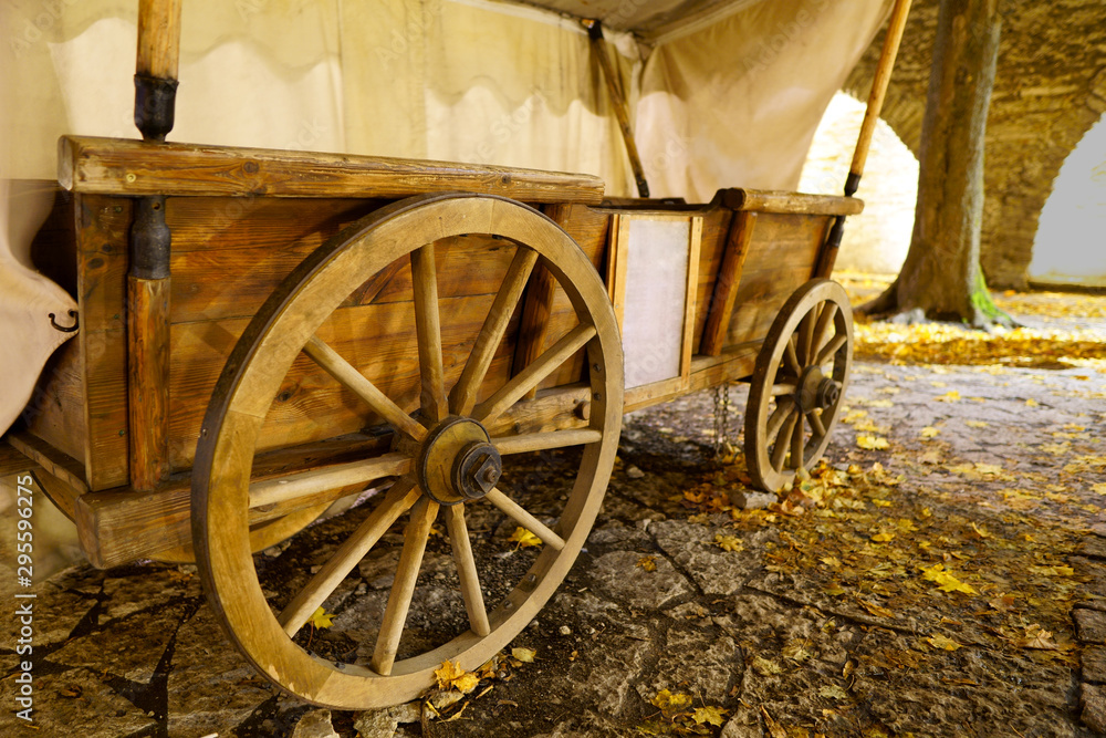 Fototapeta premium Restored Old Wagon with tent in the Park. night shoot