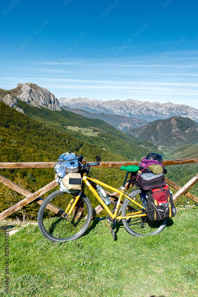 bicicleta de cicloturismo con alforjas en frente de un paisaje de montaña  Stock Photo | Adobe Stock