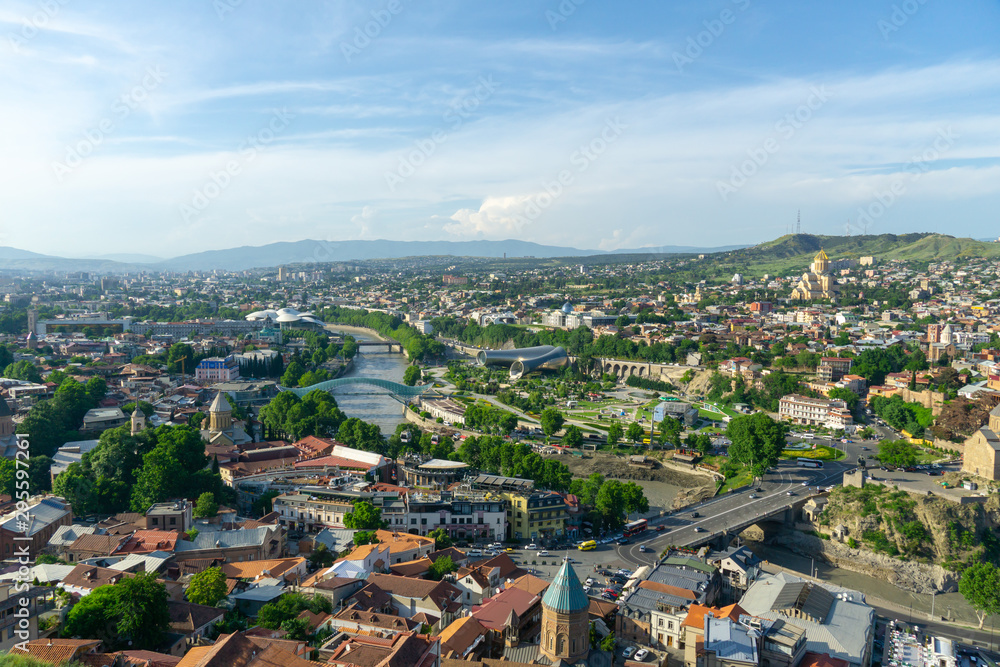 The historic center of Tbilisi. Georgia country. Panorama of the city. Peace Bridge.