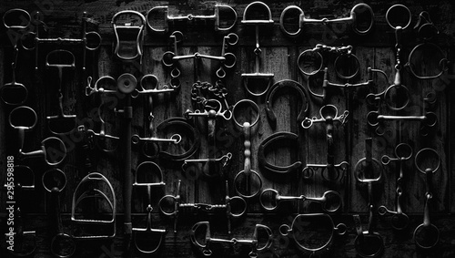 top down photo of horse equipment, bits & shoes on a wooden table in black & white.