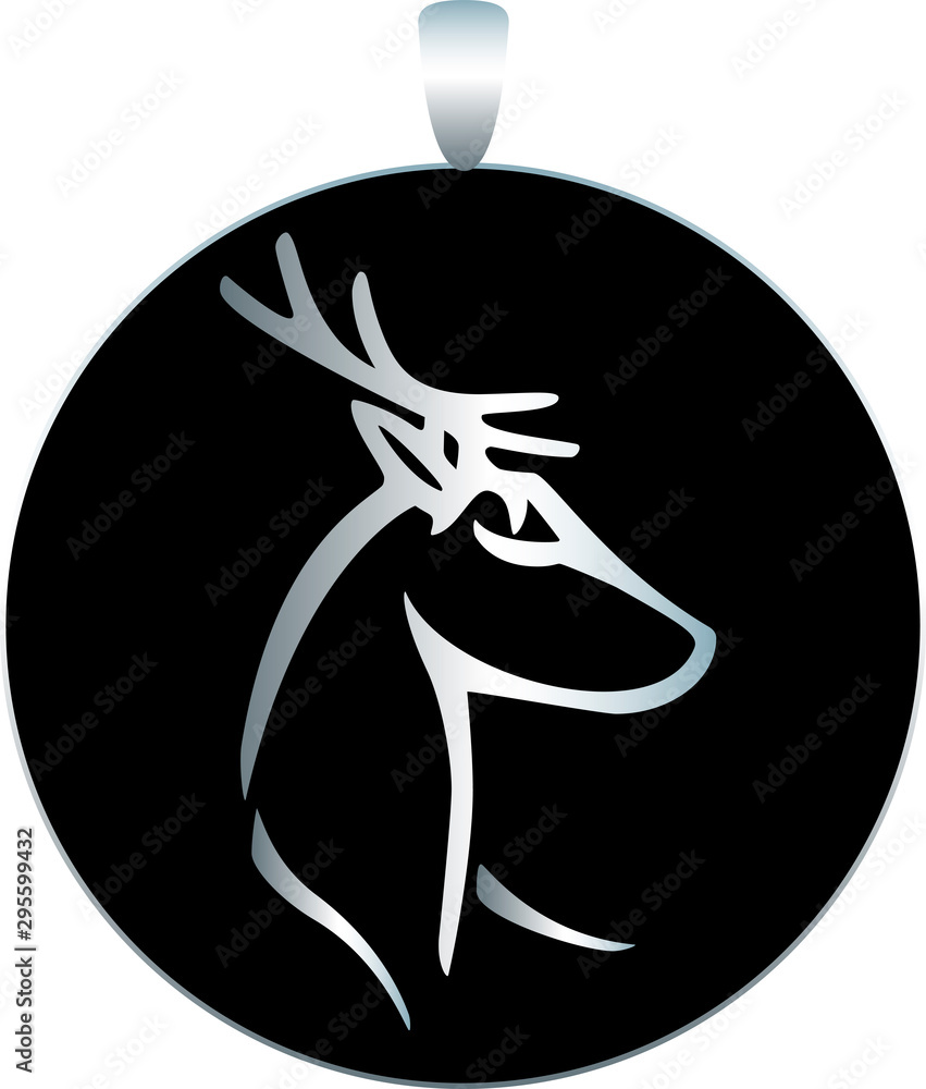 Round silver medallion - pendant with black enamel and the image of a raised deer head - vector illustration. Costume jewelry depicting a red deer. Round silver medallion - pendant with black enamel and the image of a raised deer head - vector illustration. Costume jewelry depicting a red deer.