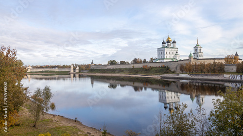 Bank of the Velikaya river. Pskov Kremlin. Trinity cathedral, Pskov, Russia