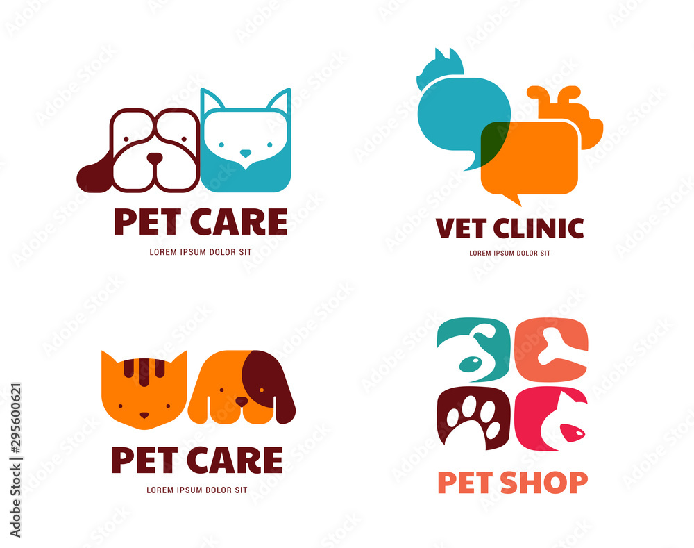 Pet shop, animals veterinary clinic, dog and cat logo, symbol. Vector design and illustration