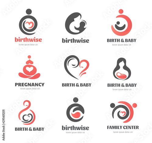 Birth, pregnancy, family and baby care logos and symbol collection. Vector design