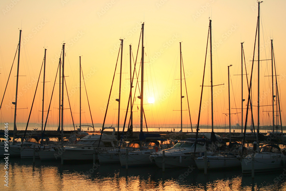 Sunset in the marina of la Grande Motte in Herault, a seaside resort of the Languedoc coast and leisure centre near Montpellier in France