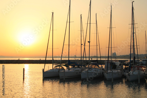 Sunset in the marina of la Grande Motte in Herault, a seaside resort of the Languedoc coast and leisure centre near Montpellier in France