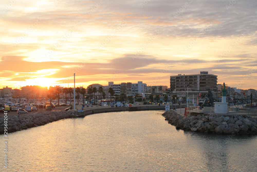 Sunset in Palavas les flots, a seaside resort of the Languedoc coast, France
