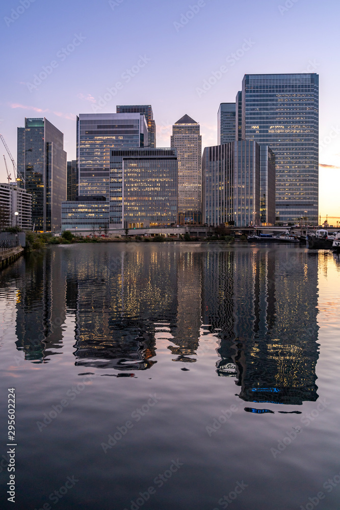 Skylines building at Canary Wharf in London UK sunset twilight