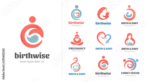 Birth, pregnancy, family and baby care logos and symbol collection. Vector design