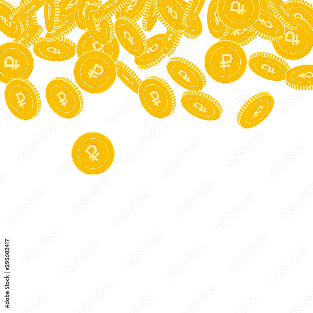 Fototapeta premium Russian ruble coins falling. Scattered big RUB coi