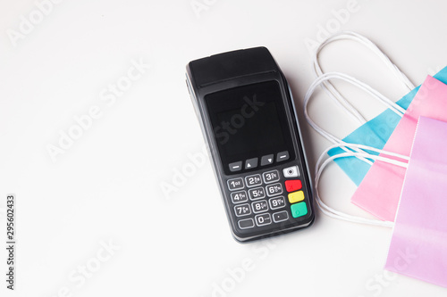 Payment terminal with paper shopping bag. Top view