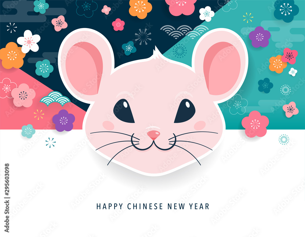 Happy Chinese new year design. 2020 Rat zodiac. Cute mouse cartoon. Vector illustration and banner 