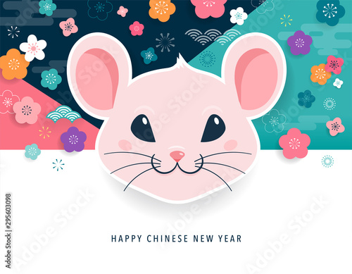 Happy Chinese new year design. 2020 Rat zodiac. Cute mouse cartoon. Vector illustration and banner 
