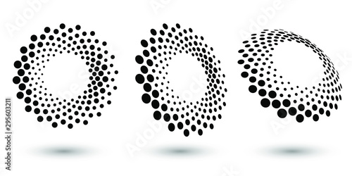 Halftone circle frame, abstract dots logo emblem design element for any project. Round border icon or backgroud. Vector EPS10 illustration. Abstract dotted halftone vector with differents perspective.