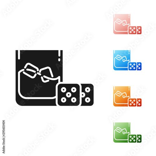 Black Game dice and glass of whiskey with ice cubes icon isolated on white background. Casino gambling. Set icons colorful. Vector Illustration